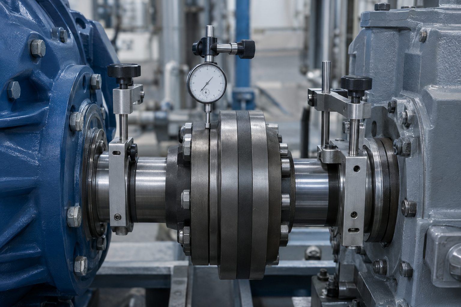 Dial indicator alignment brackets mounted across a machinery coupling