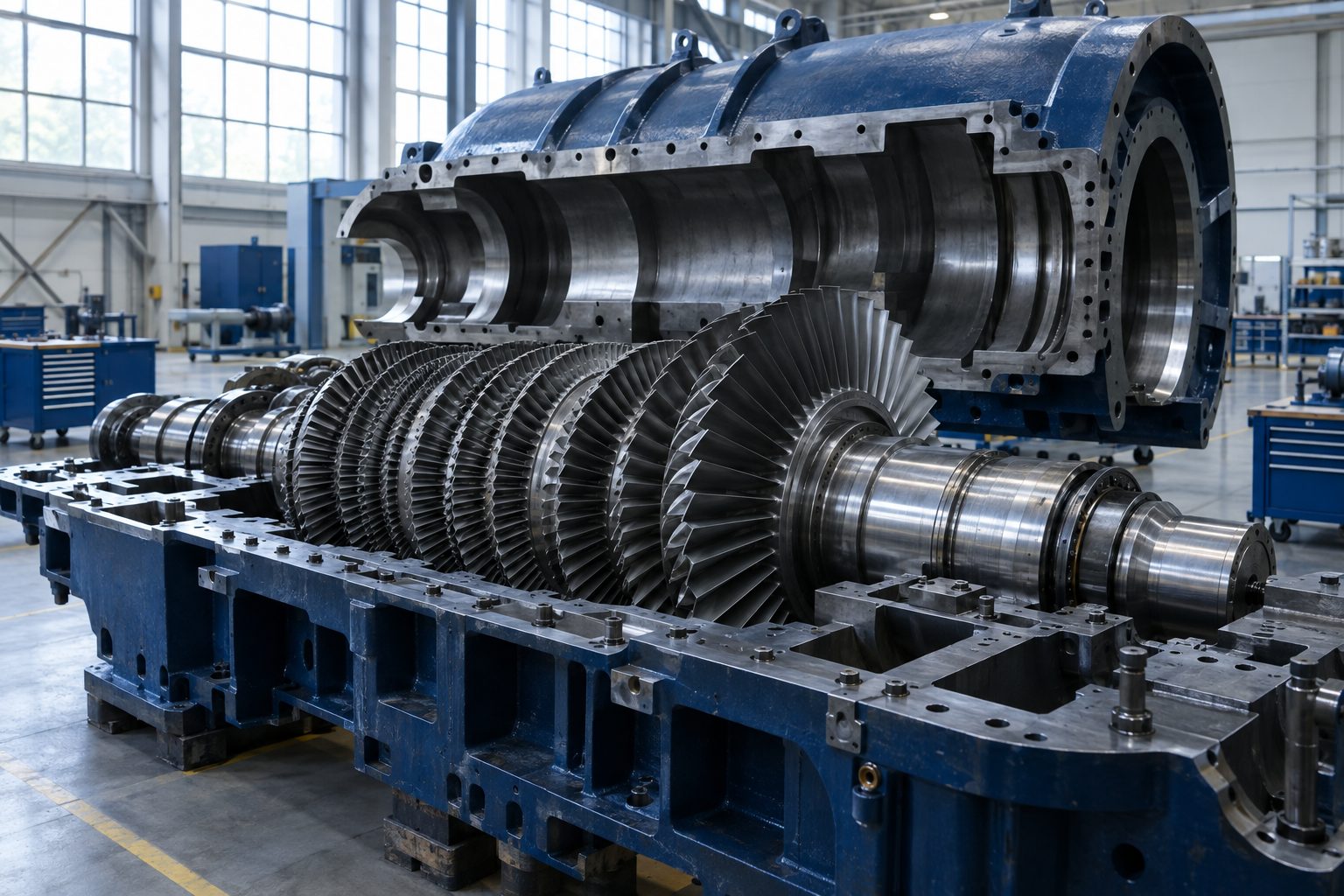 Steam turbine rotor resting in its lower casing during an open inspection